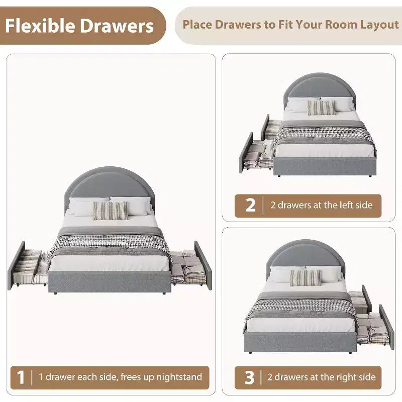 Acekool Upholstered Boucle Bed Frame with Storage Drawers, Round Headboard Platform Bed, Queen Full Twin, No Box Spring Needed