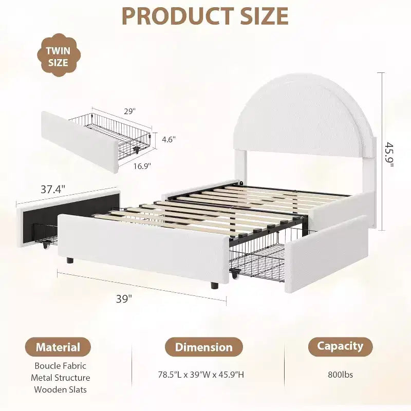 Acekool Upholstered Boucle Bed Frame with Storage Drawers, Round Headboard Platform Bed, Queen Full Twin, No Box Spring Needed