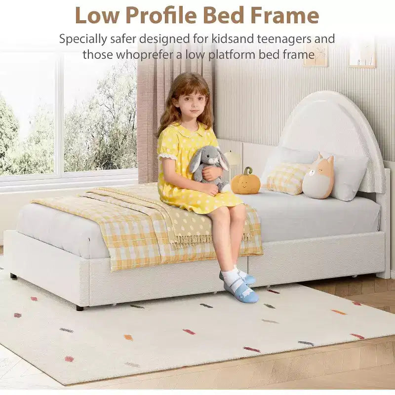 Acekool Upholstered Boucle Bed Frame with Storage Drawers, Round Headboard Platform Bed, Queen Full Twin, No Box Spring Needed