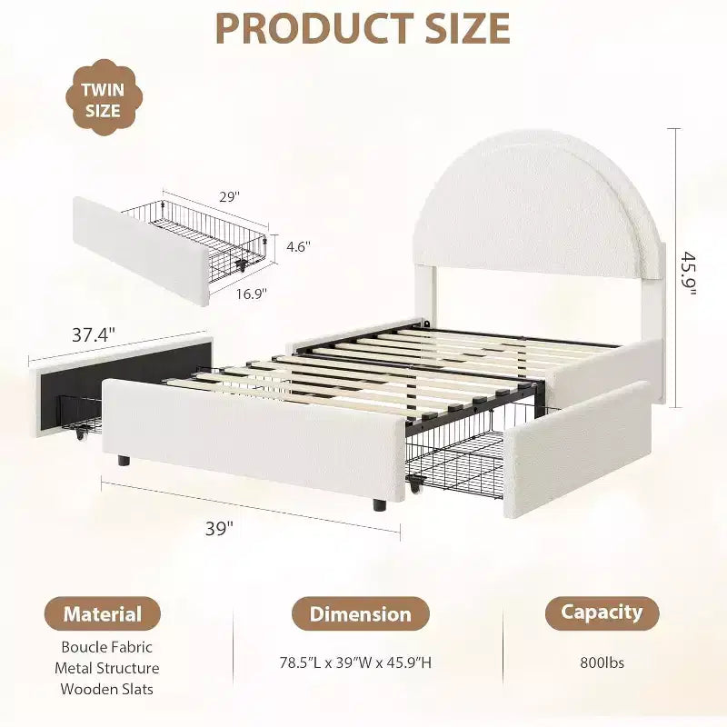 Acekool Upholstered Boucle Bed Frame with Storage Drawers, Round Headboard Platform Bed, Queen Full Twin, No Box Spring Needed