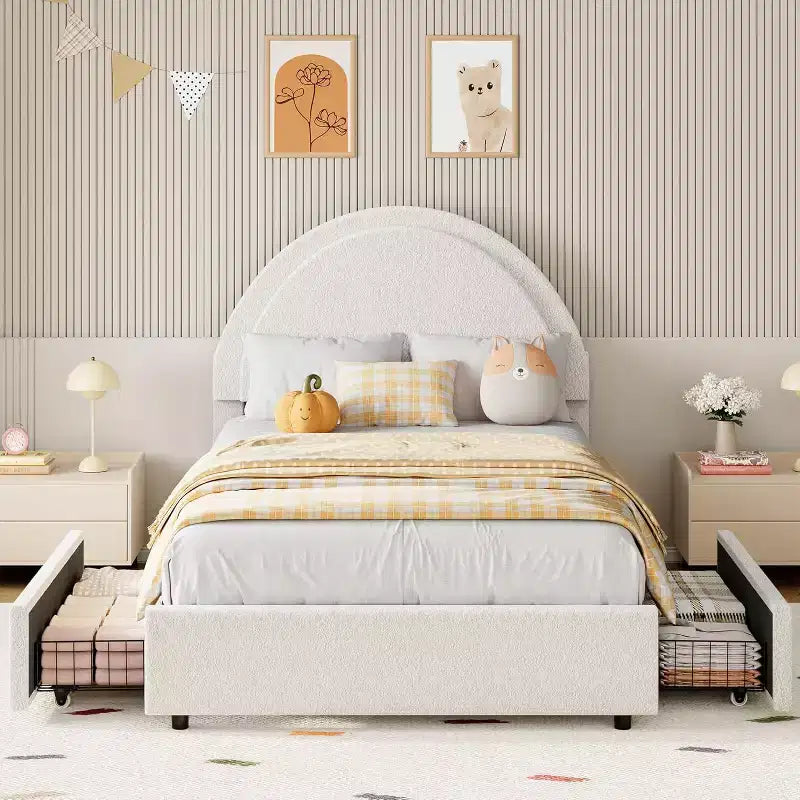 Acekool Upholstered Boucle Bed Frame with Storage Drawers, Round Headboard Platform Bed, Queen Full Twin, No Box Spring Needed
