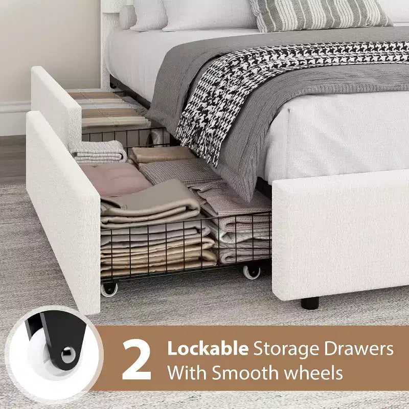 Acekool Upholstered Boucle Bed Frame with Storage Drawers, Round Headboard Platform Bed, Queen Full Twin, No Box Spring Needed