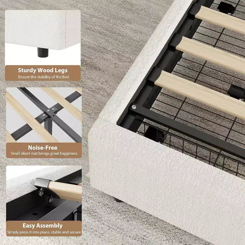 Acekool Upholstered Boucle Bed Frame with Storage Drawers, Round Headboard Platform Bed, Queen Full Twin, No Box Spring Needed