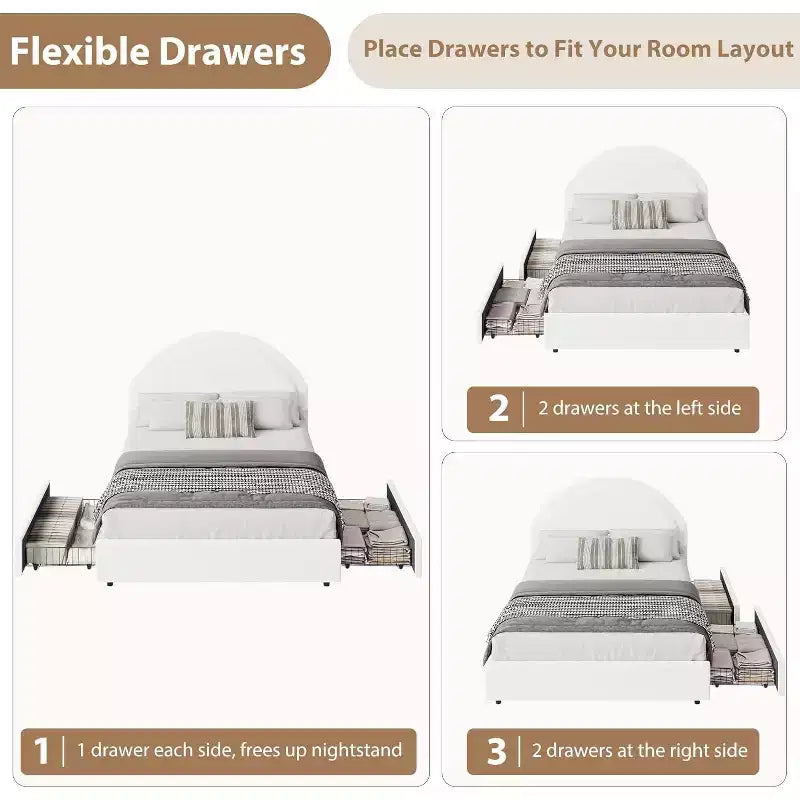 Acekool Upholstered Boucle Bed Frame with Storage Drawers, Round Headboard Platform Bed, Queen Full Twin, No Box Spring Needed