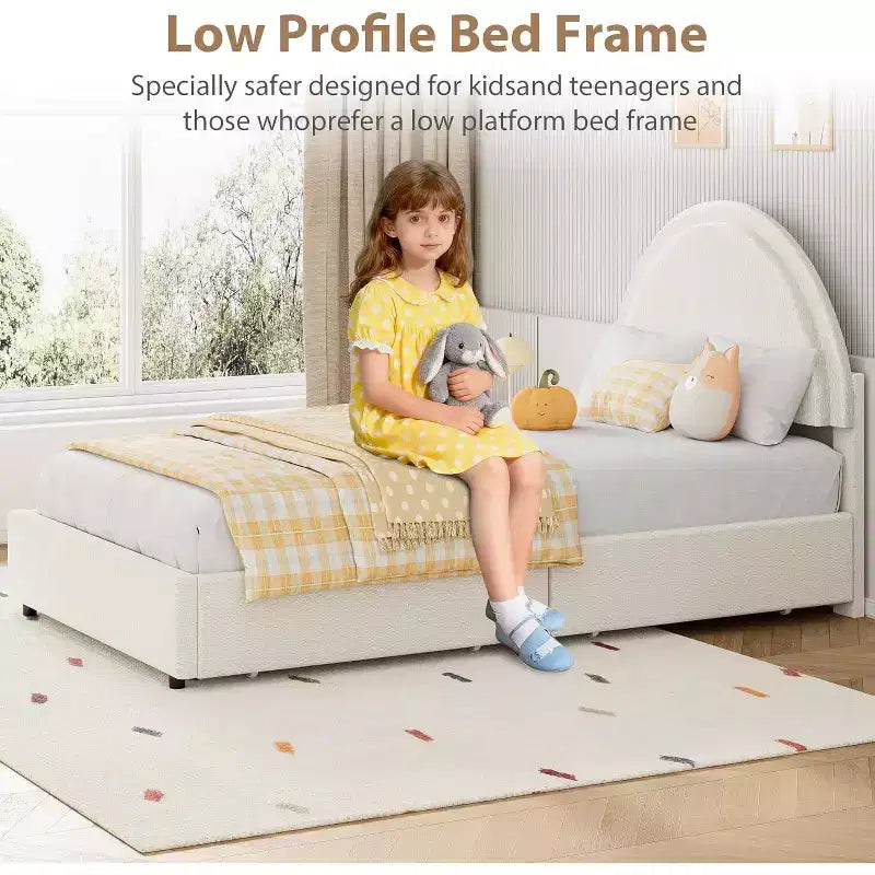 Acekool Upholstered Boucle Bed Frame with Storage Drawers, Round Headboard Platform Bed, Queen Full Twin, No Box Spring Needed