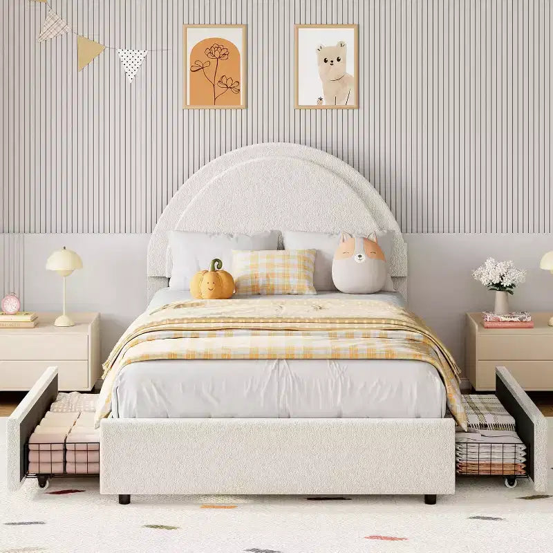 Acekool Upholstered Boucle Bed Frame with Storage Drawers, Round Headboard Platform Bed, Queen Full Twin, No Box Spring Needed