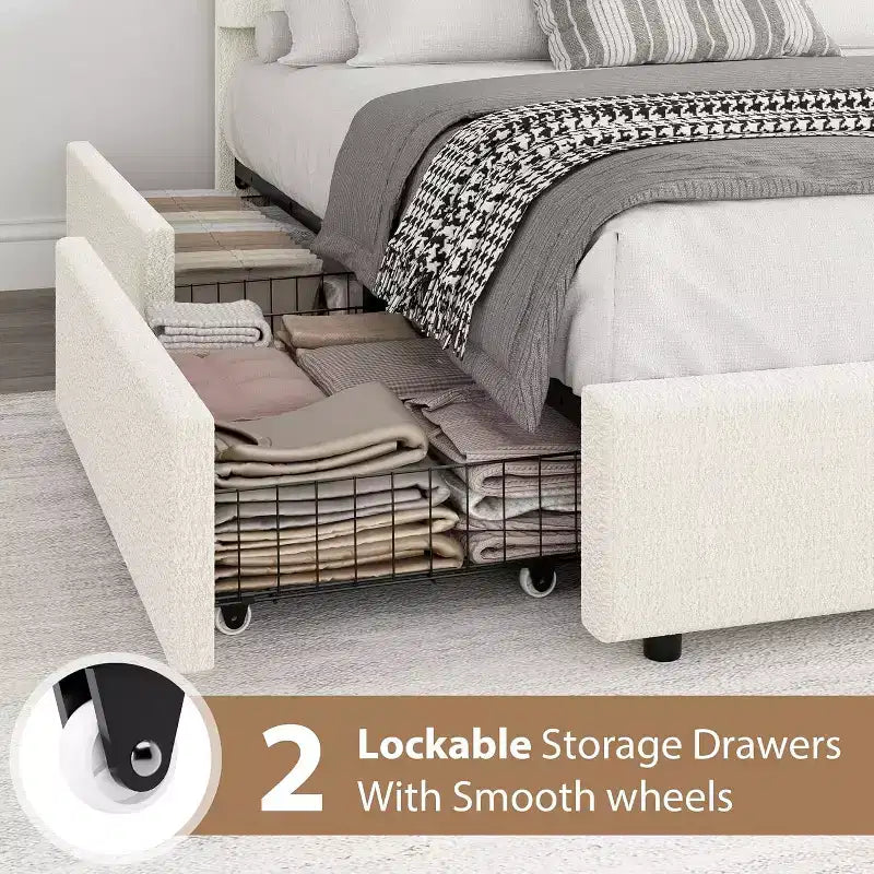 Acekool Upholstered Boucle Bed Frame with Storage Drawers, Round Headboard Platform Bed, Queen Full Twin, No Box Spring Needed