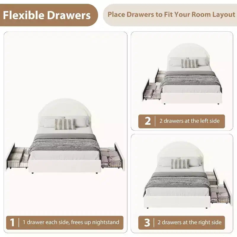 Acekool Upholstered Boucle Bed Frame with Storage Drawers, Round Headboard Platform Bed, Queen Full Twin, No Box Spring Needed