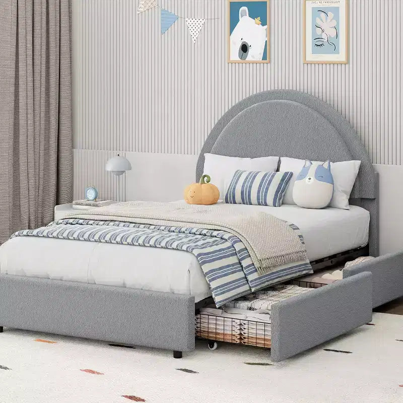 Acekool Upholstered Boucle Bed Frame with Storage Drawers, Round Headboard Platform Bed, Queen Full Twin, No Box Spring Needed