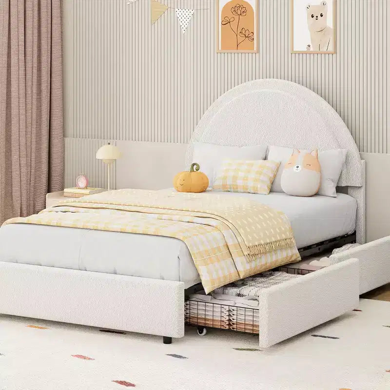 Acekool Upholstered Boucle Bed Frame with Storage Drawers, Round Headboard Platform Bed, Queen Full Twin, No Box Spring Needed