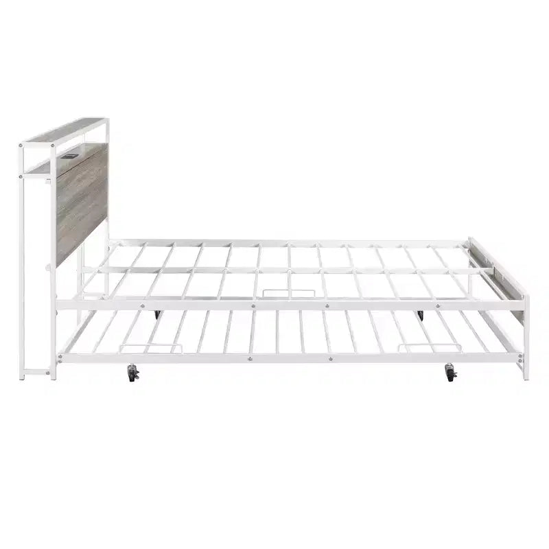 Luxystar Full Size Metal Platform Bed Frame with Trundle, Shelves, Sockets and USB Ports