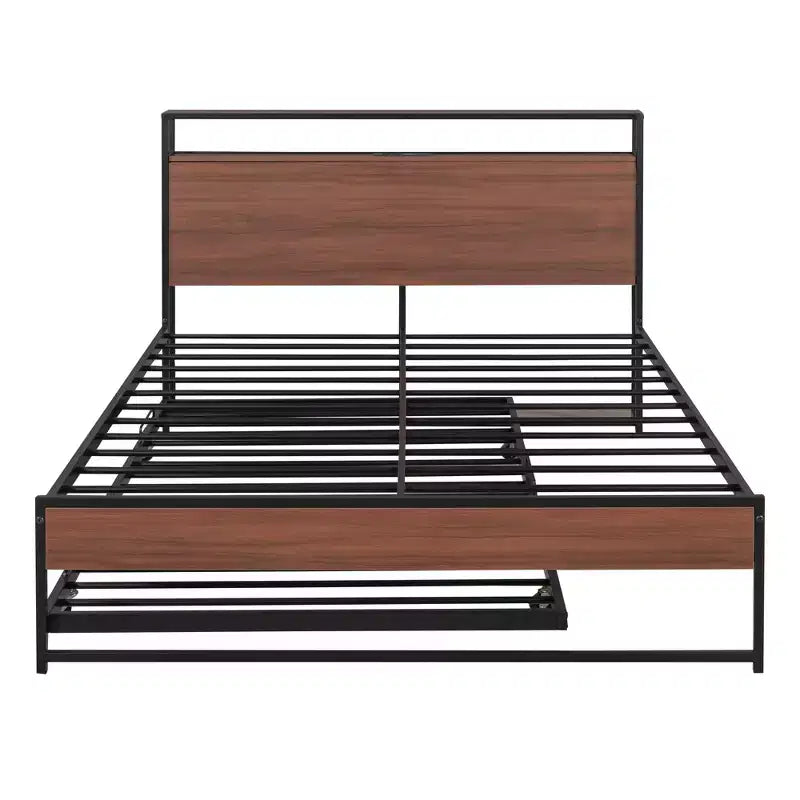 Luxystar Full Size Metal Platform Bed Frame with Trundle, Shelves, Sockets and USB Ports