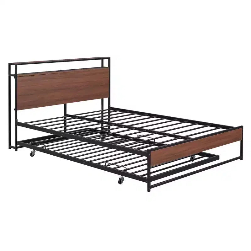 Luxystar Full Size Metal Platform Bed Frame with Trundle, Shelves, Sockets and USB Ports