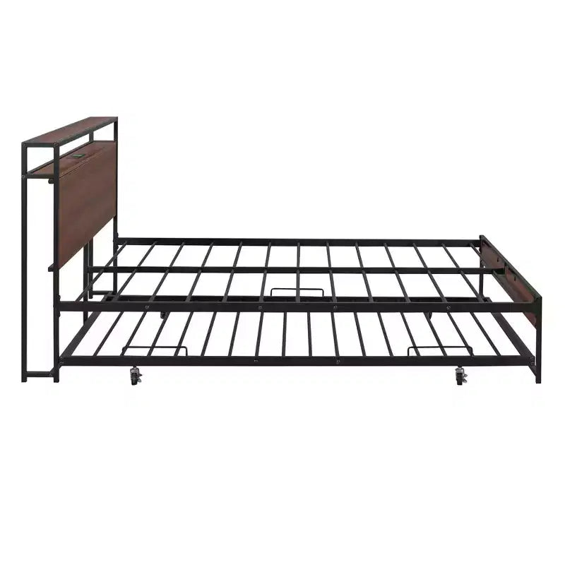 Luxystar Full Size Metal Platform Bed Frame with Trundle, Shelves, Sockets and USB Ports