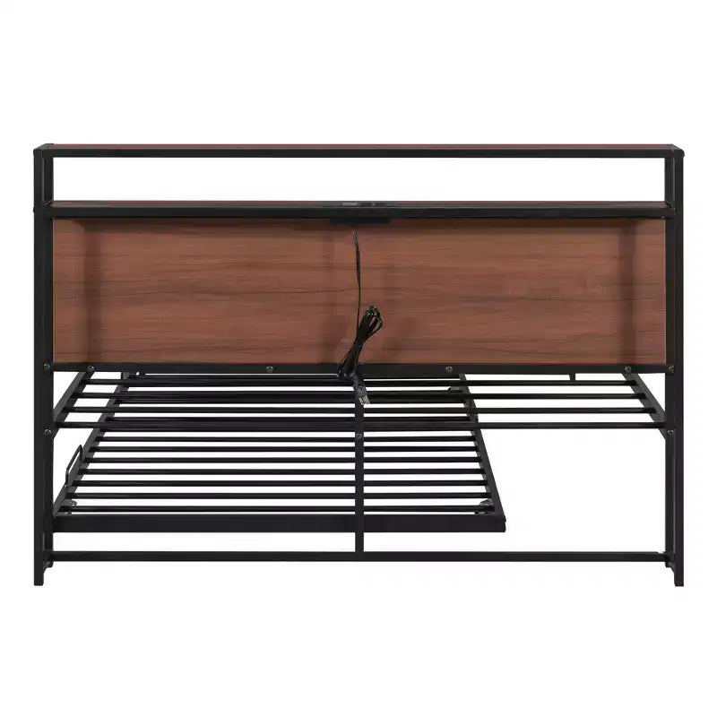 Luxystar Full Size Metal Platform Bed Frame with Trundle, Shelves, Sockets and USB Ports