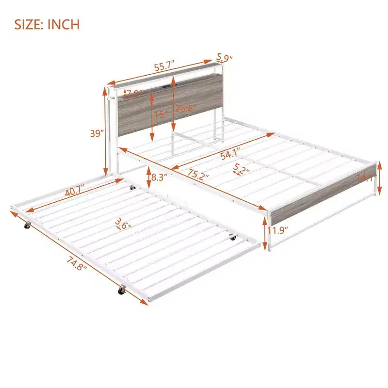 Luxystar Full Size Metal Platform Bed Frame with Trundle, Shelves, Sockets and USB Ports
