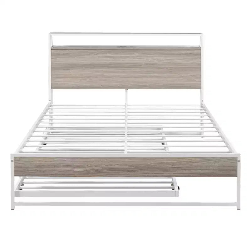 Luxystar Full Size Metal Platform Bed Frame with Trundle, Shelves, Sockets and USB Ports
