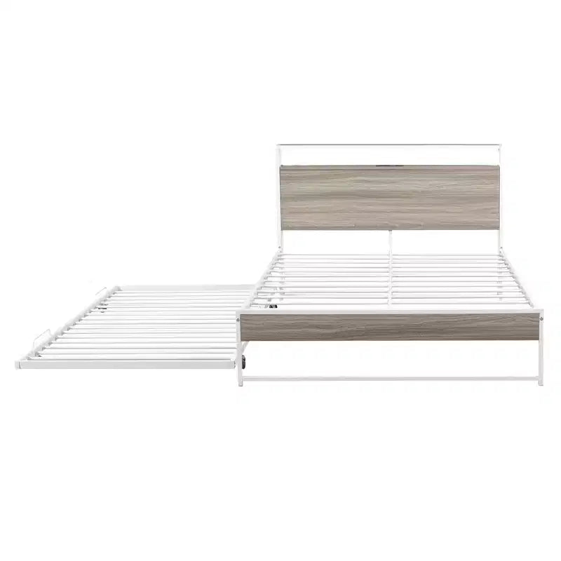Luxystar Full Size Metal Platform Bed Frame with Trundle, Shelves, Sockets and USB Ports