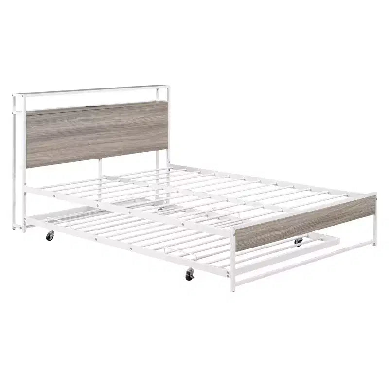 Luxystar Full Size Metal Platform Bed Frame with Trundle, Shelves, Sockets and USB Ports