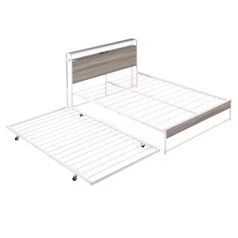 Luxystar Full Size Metal Platform Bed Frame with Trundle, Shelves, Sockets and USB Ports