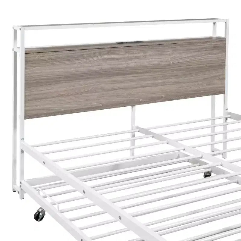 Luxystar Full Size Metal Platform Bed Frame with Trundle, Shelves, Sockets and USB Ports