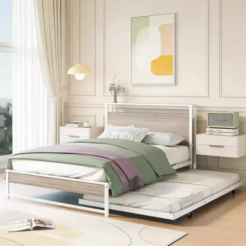 Luxystar Full Size Metal Platform Bed Frame with Trundle, Shelves, Sockets and USB Ports