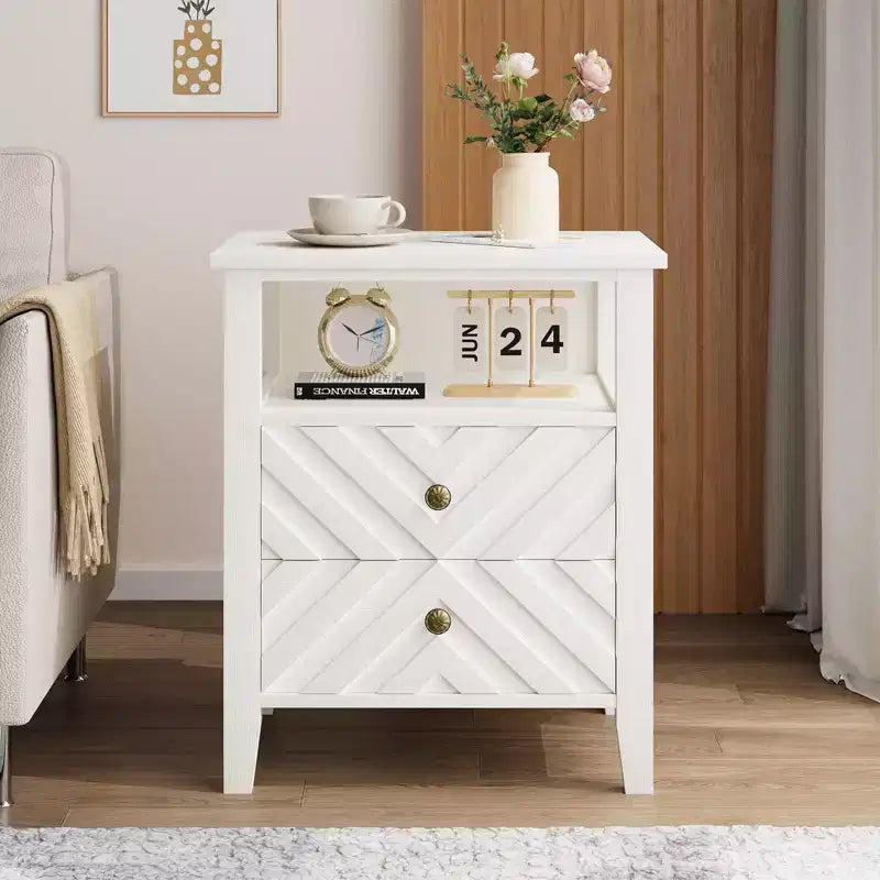 Farmhouse Nightstand w/V-Shaped Design & Open Storage Shelf, Wooden Rustic End Table for Bedroom Living Room