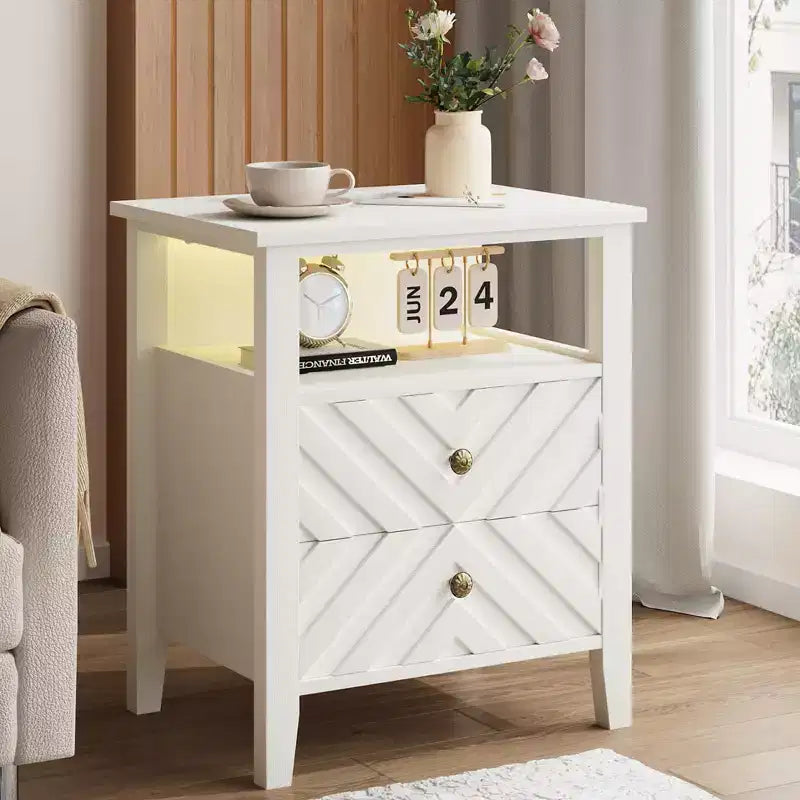 Farmhouse Nightstand w/V-Shaped Design & Open Storage Shelf, Wooden Rustic End Table for Bedroom Living Room