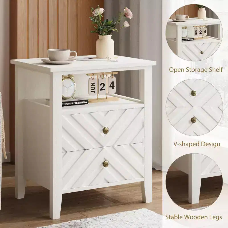 Farmhouse Nightstand w/V-Shaped Design & Open Storage Shelf, Wooden Rustic End Table for Bedroom Living Room