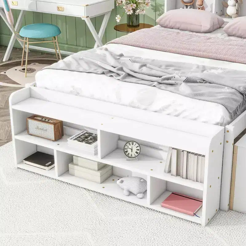 Full Bed with Bookcase Headboard, Under bed Storage Drawers and Bed End Storage Case,White