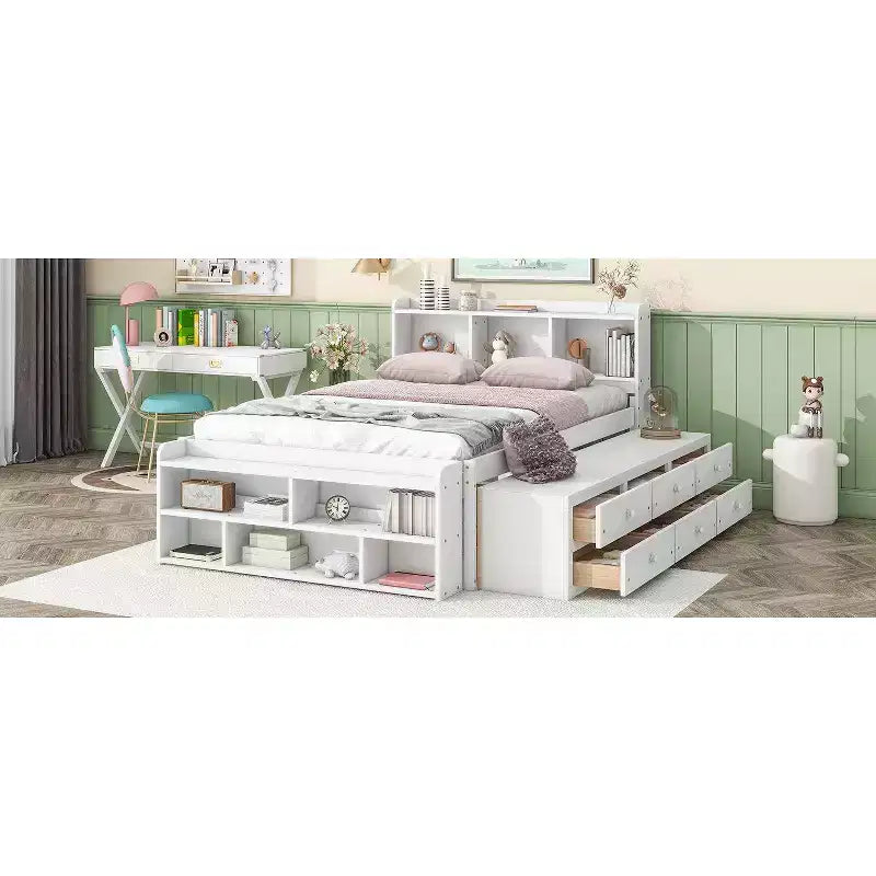 Full Bed with Bookcase Headboard, Under bed Storage Drawers and Bed End Storage Case,White